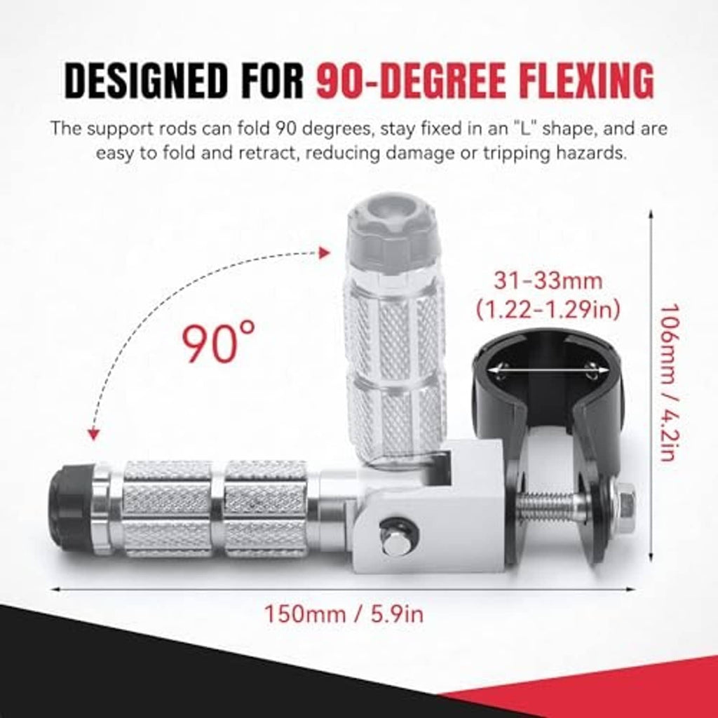 Motorcycle foot peg assembly with silver grip and black pivoting bracket