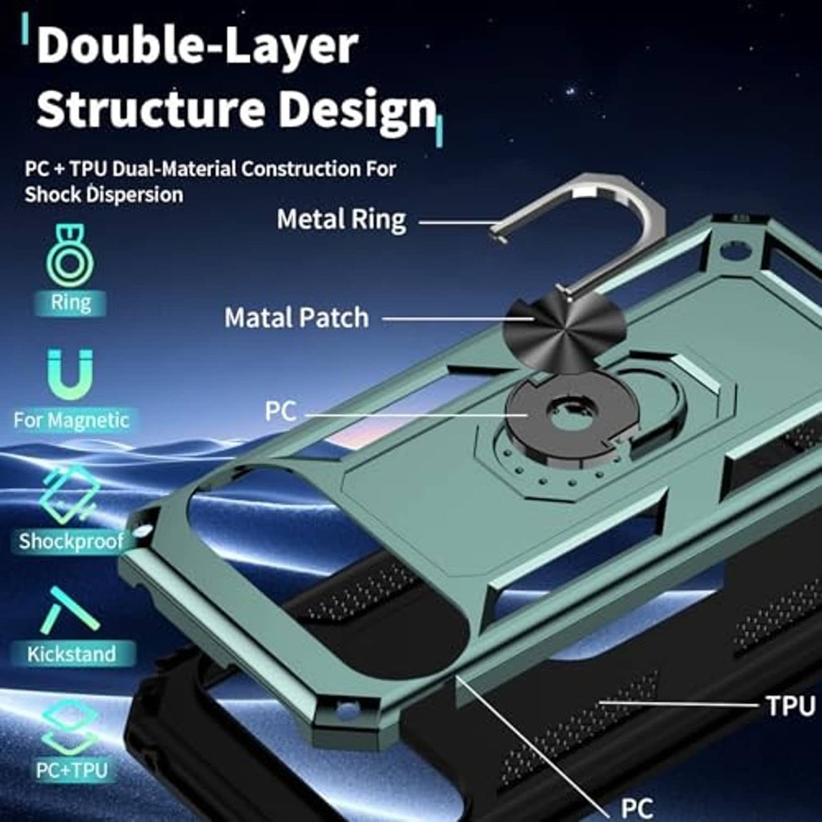 Dark green rugged phone case showing dual-layer construction and metal ring panel
