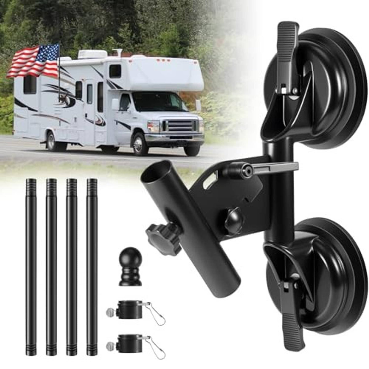 RV flag mount kit with black suction cups, adjustable angle bracket, and pole pieces