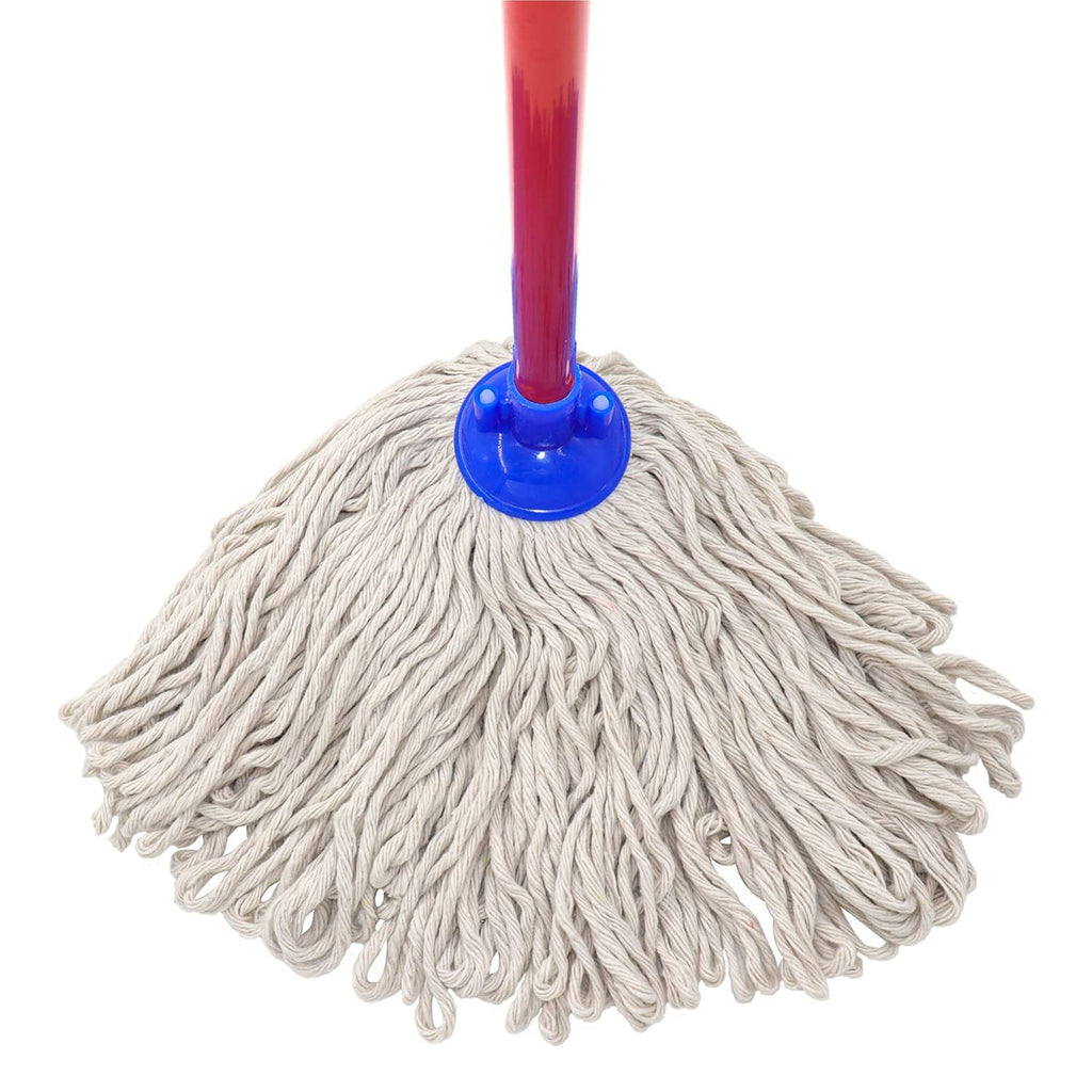 Cotton string mop replacement head with blue base and red handle pole