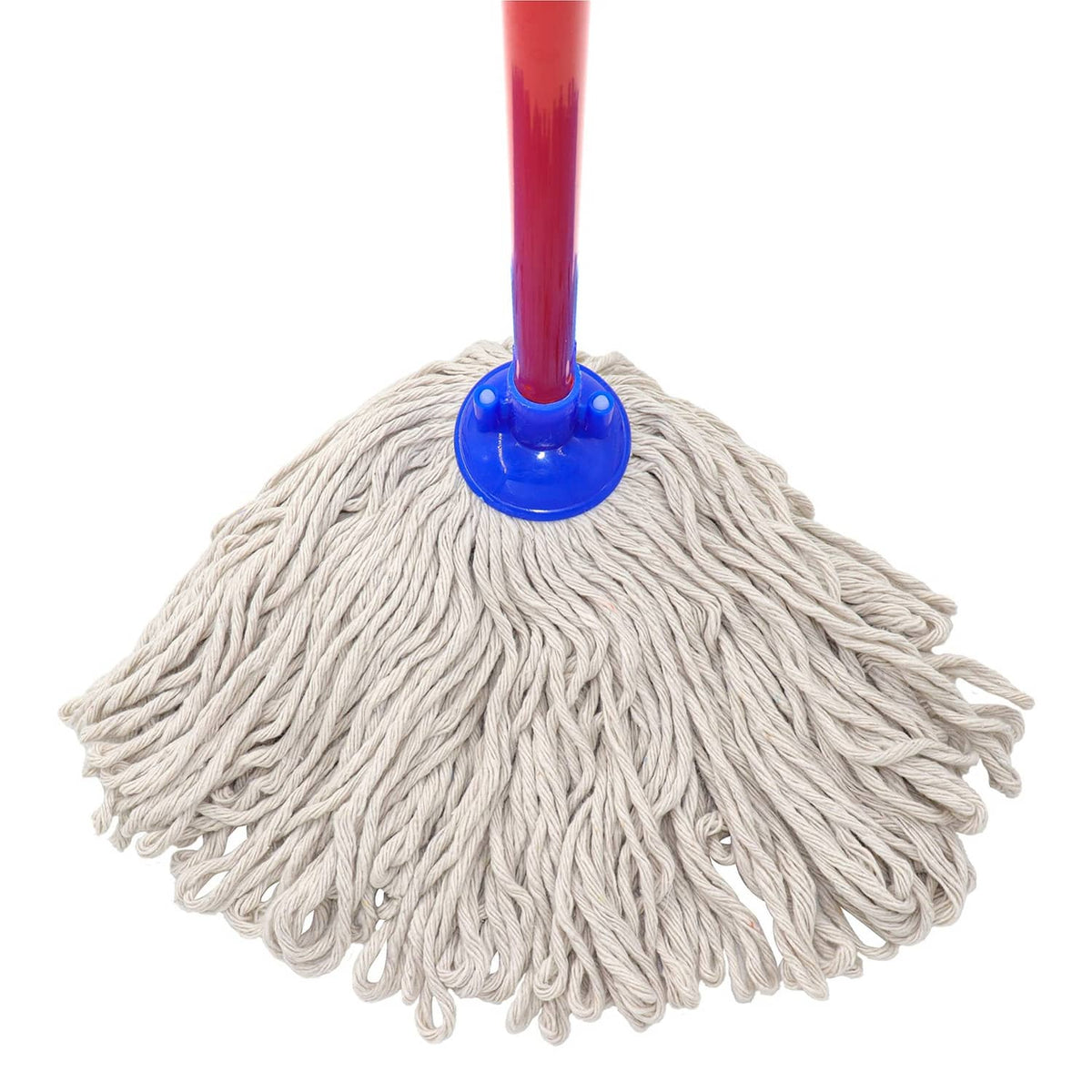 Cotton string mop replacement head with blue base and red handle pole