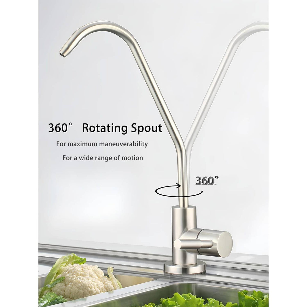 Water filter faucet with tall gooseneck spout and 360° rotating base handle