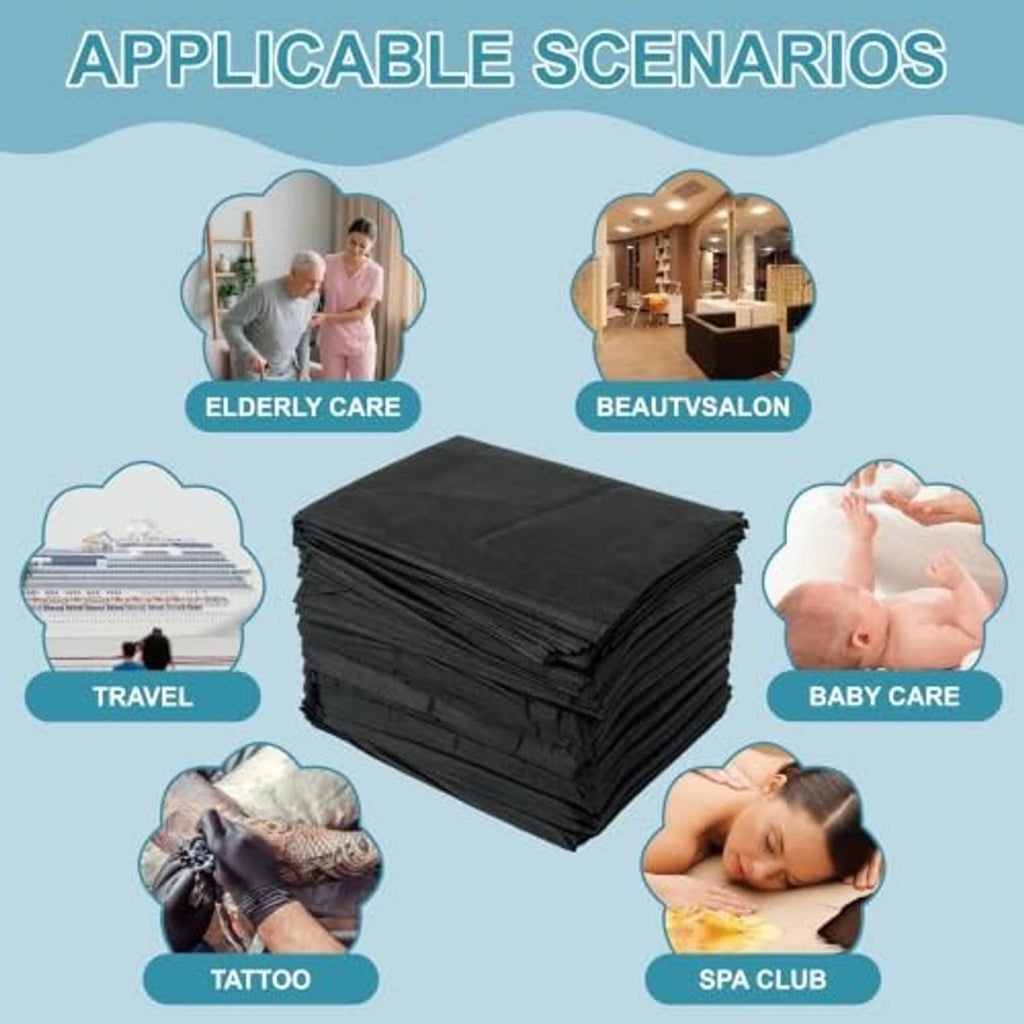 Black disposable bed sheets, non-woven, compact folded stack on display