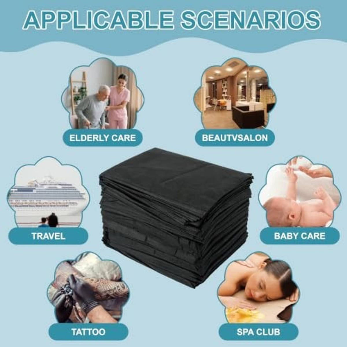 Black disposable bed sheets, non-woven, compact folded stack on display