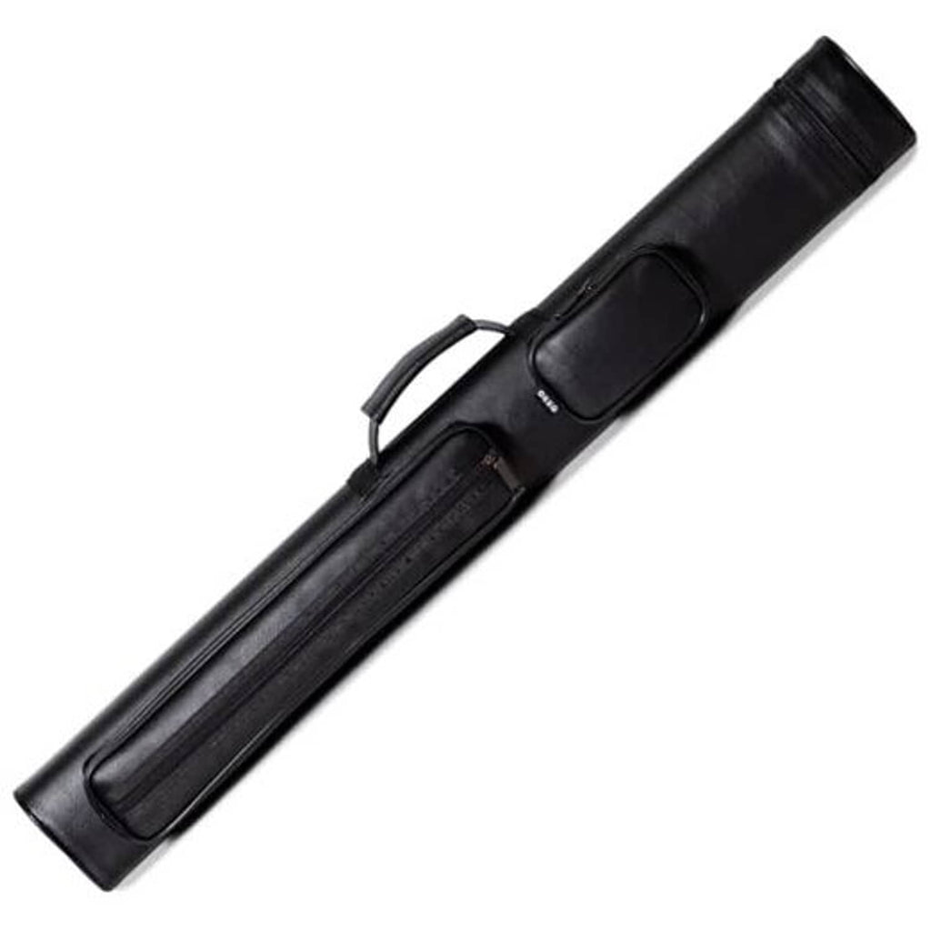 Black hard oval billiard cue case with top handle and zippered end pocket.