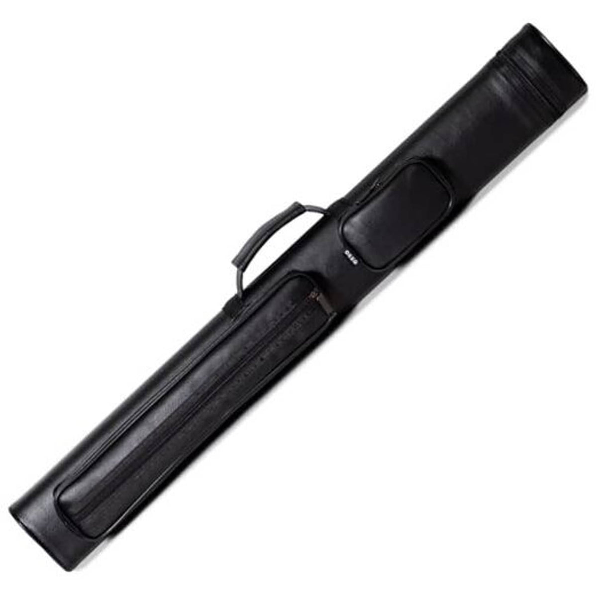 Black hard oval billiard cue case with top handle and zippered end pocket.
