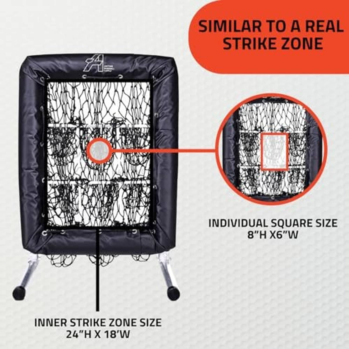 Black pitching net with inner strike-zone square targets on metal stand