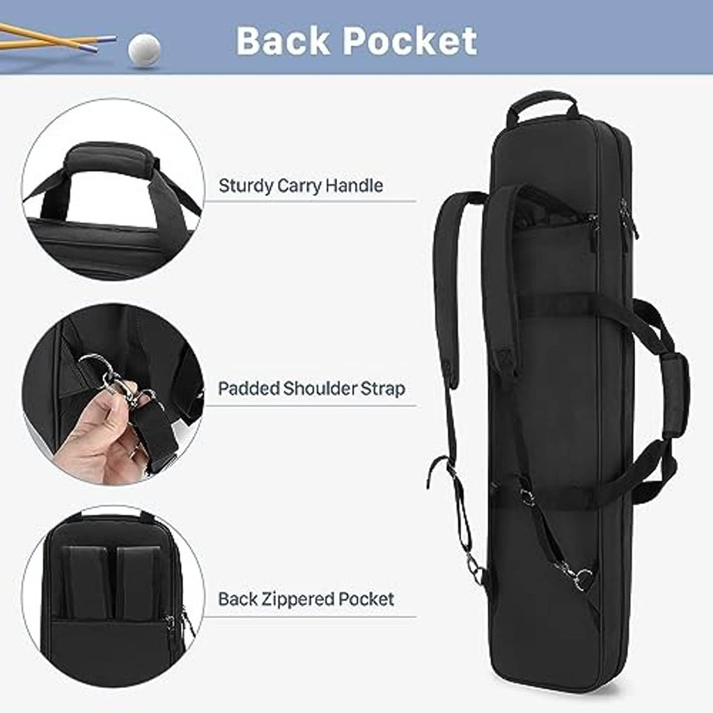Black pool cue case with padded shoulder strap, carry handle, and back zip pocket