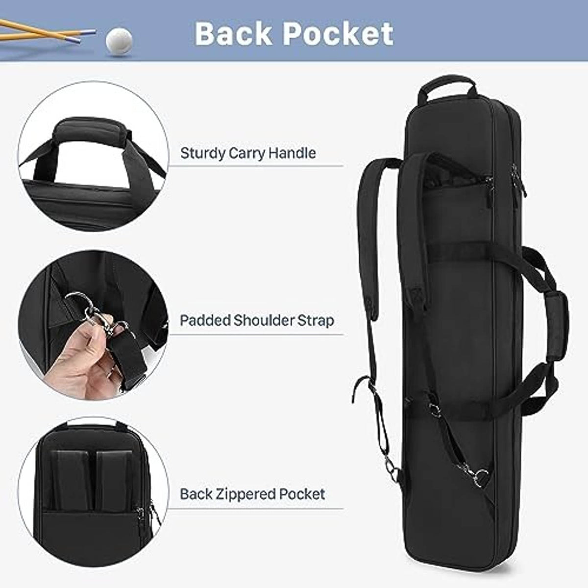 Black pool cue case with padded shoulder strap, carry handle, and back zip pocket