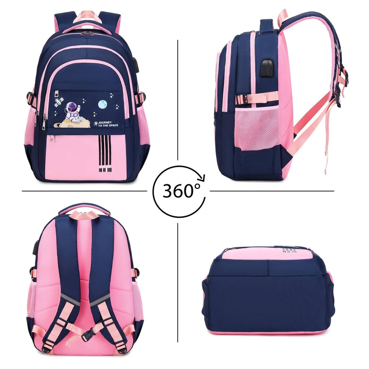 Navy and pink astronaut school backpack shown from multiple angles