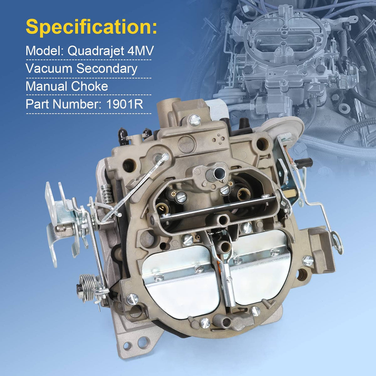 Quadrajet 4MV 4-barrel carburetor assembly with manual choke linkage