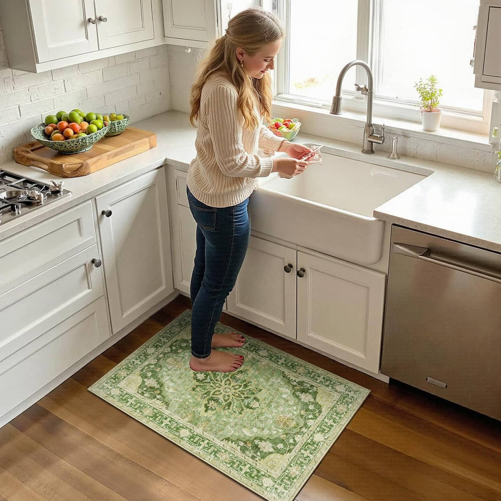 Washable area rug with green floral border pattern in a kitchen