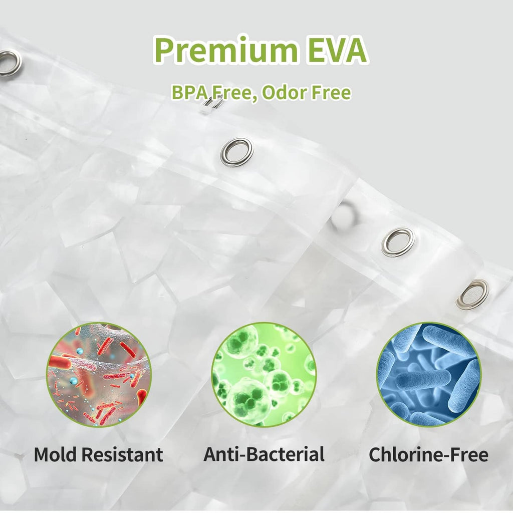 Clear white shower curtain liner with round grommet holes and anti-mold protection