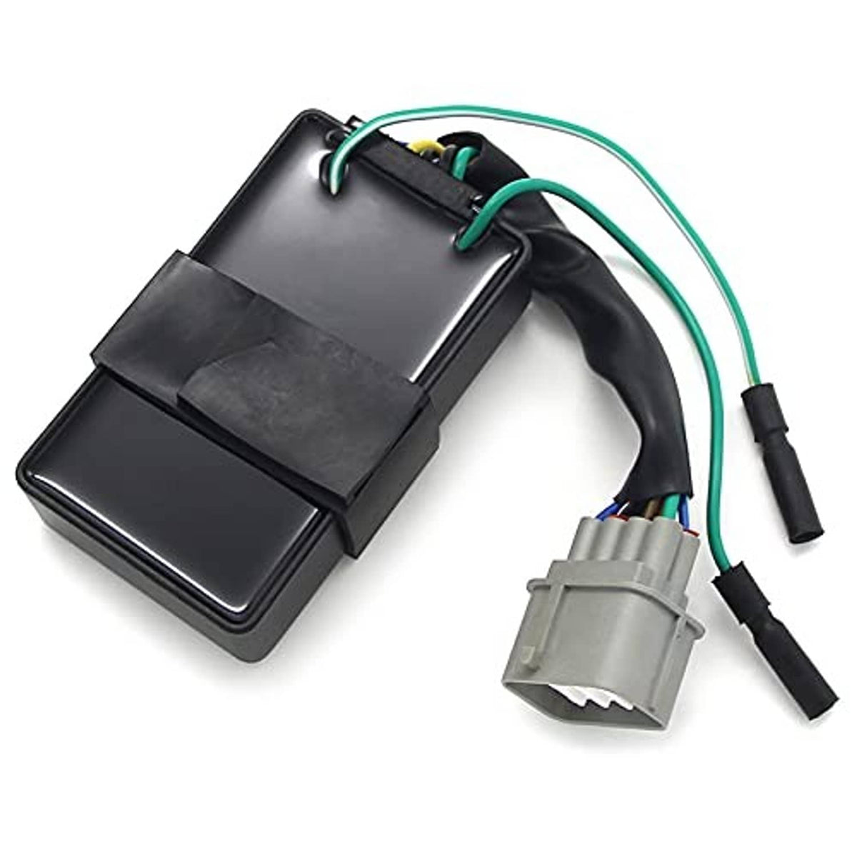 CDI ignition control module laid out with black housing and gray connector socket, green wire.