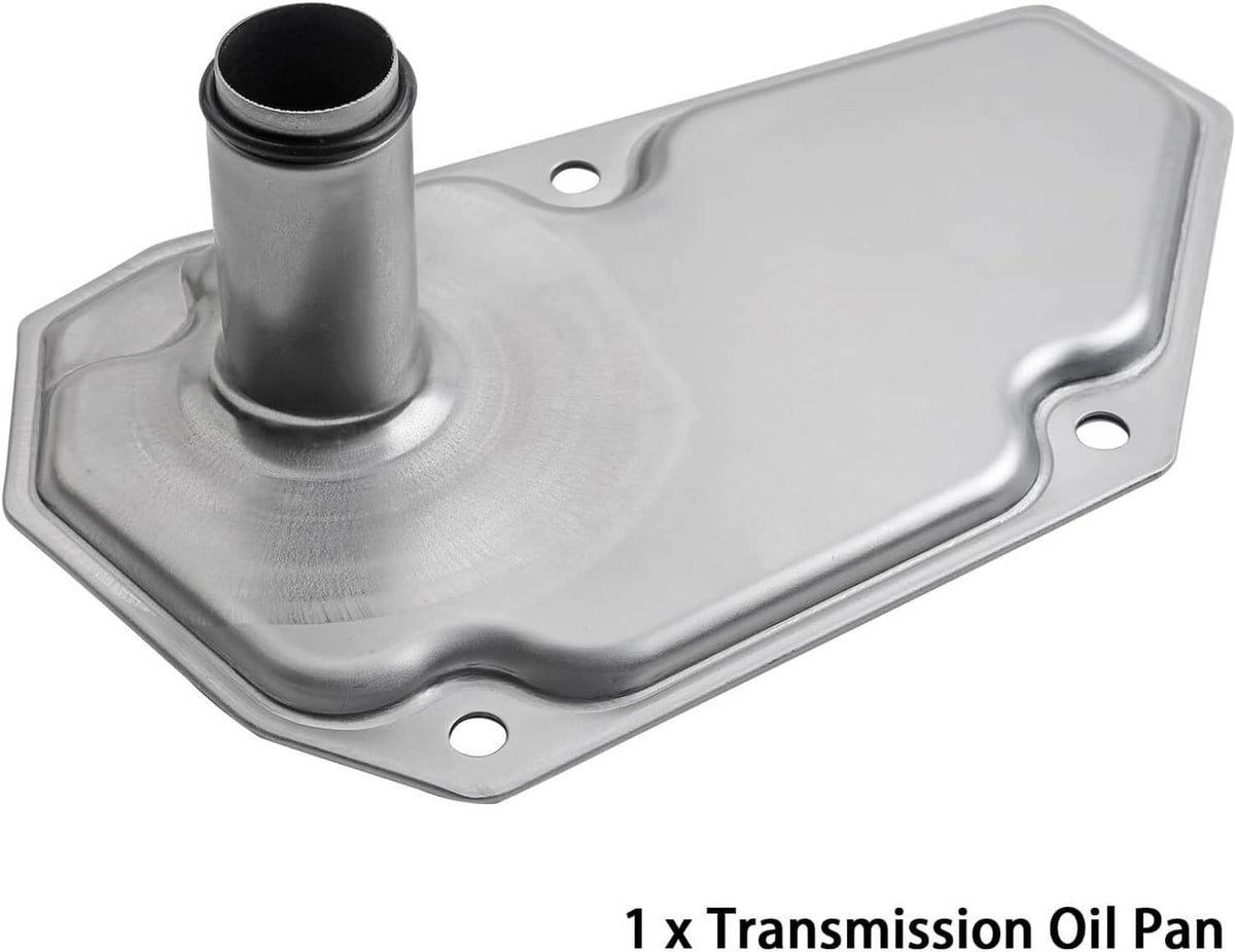 Transmission oil pan filter housing with metal base and outlet tube, silver