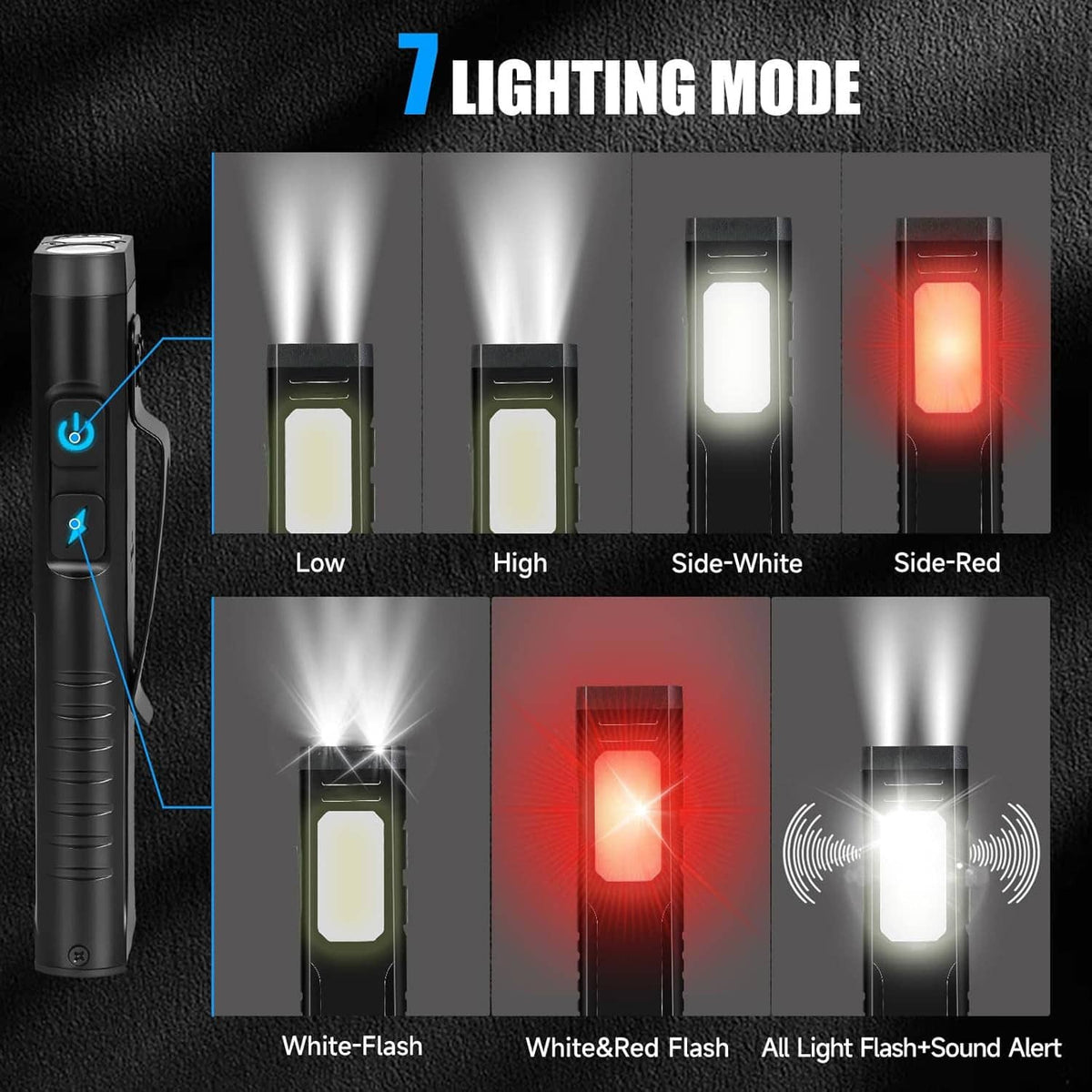 Pocket flat flashlight showing multiple light modes: white, side-white, and red