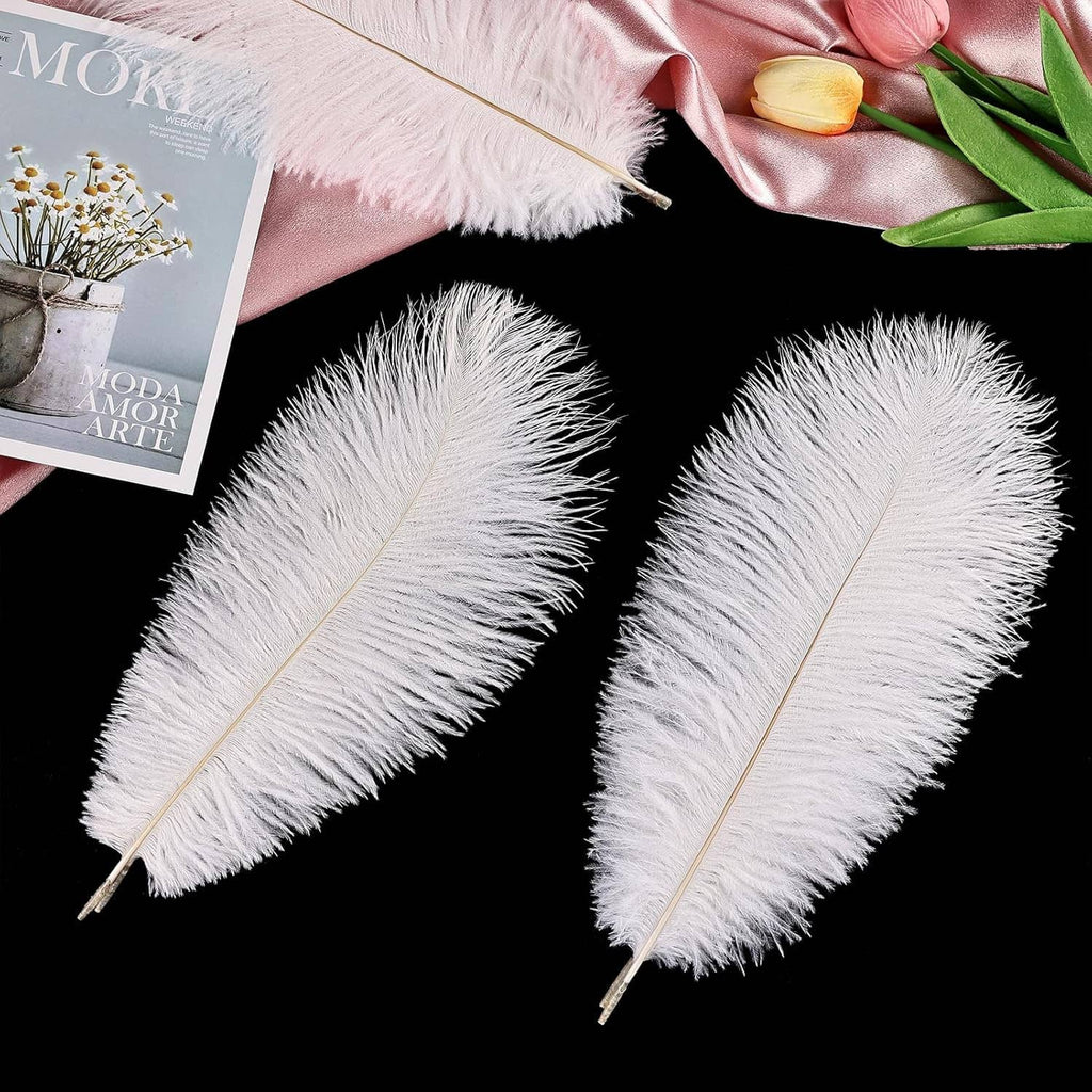 Set of white ostrich feather craft pieces with long fluffy plumes and gold-toned quills
