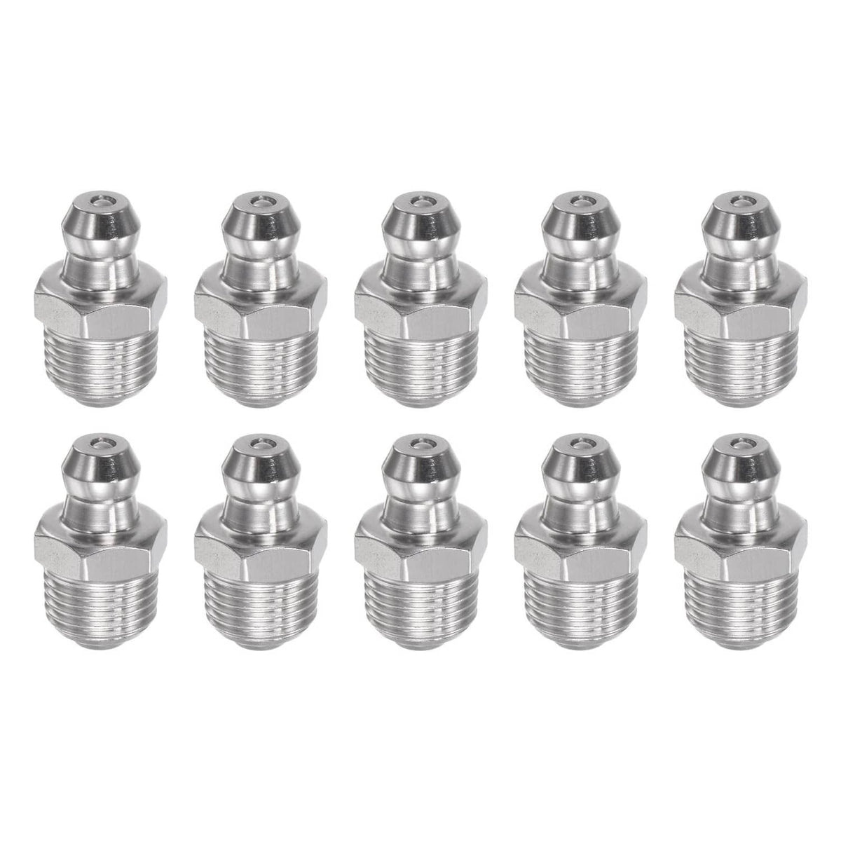 Stainless steel straight grease fitting, silver tone, hex socket head with threaded ends