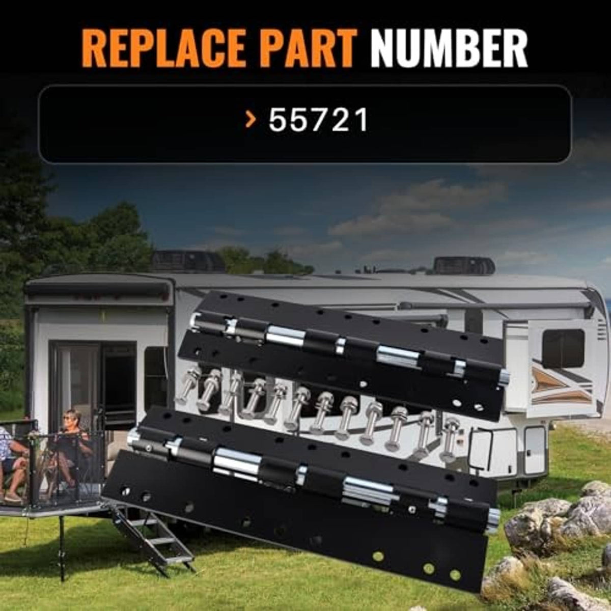 RV jack mount extension bracket set, black steel plates with pivot arms and bolts