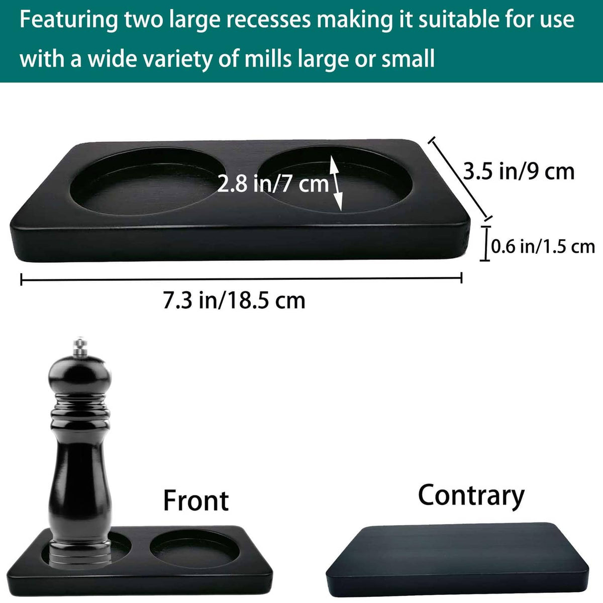 Black tray with two large round recesses for salt and pepper mills