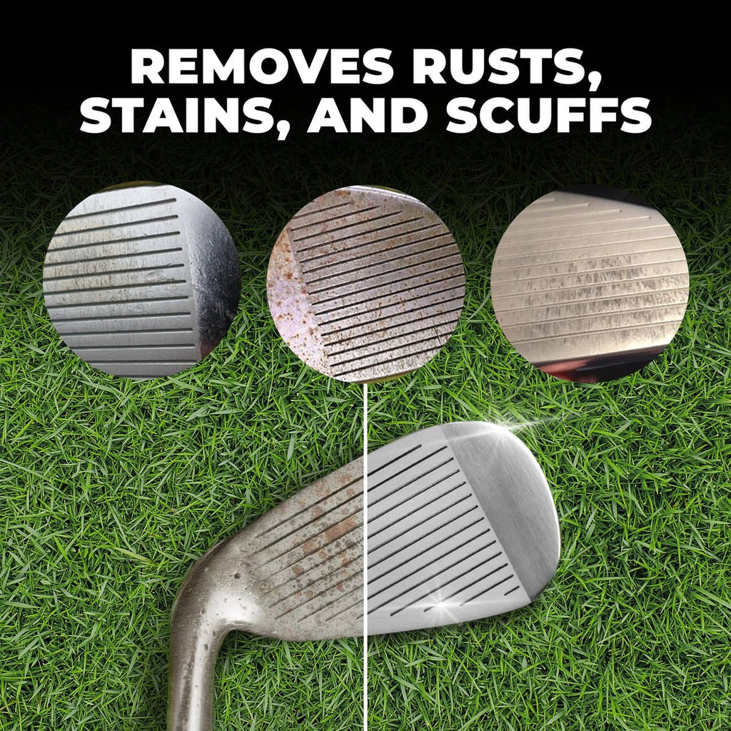 Golf wedge faces showing rust and scuff removal with restored silver grooves.