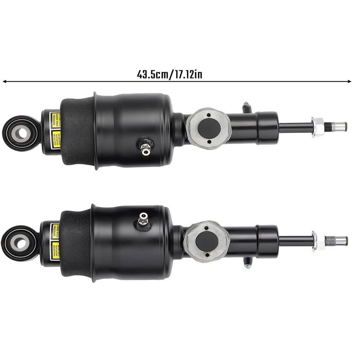 Pair of black rear hydraulic air shock struts, shown from the side with length marking
