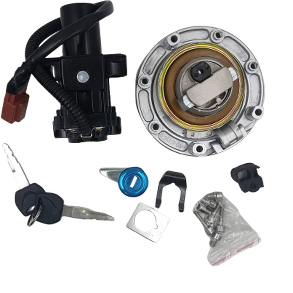 Ignition switch and fuel cap lock set with keys, blue key, and lock components