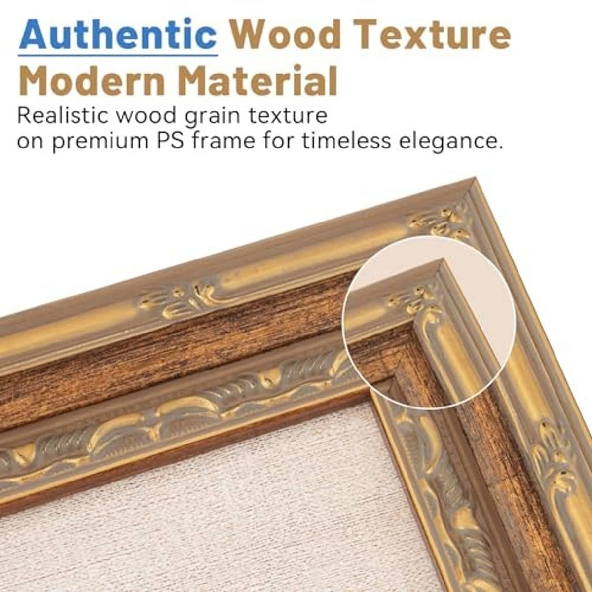 Ornate gold picture frame corner detail with carved trim on textured PS frame