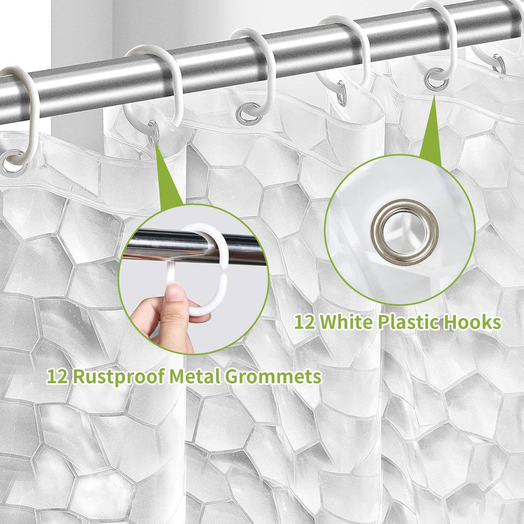 Clear white shower curtain liner close-up showing metal grommets and hanging rings
