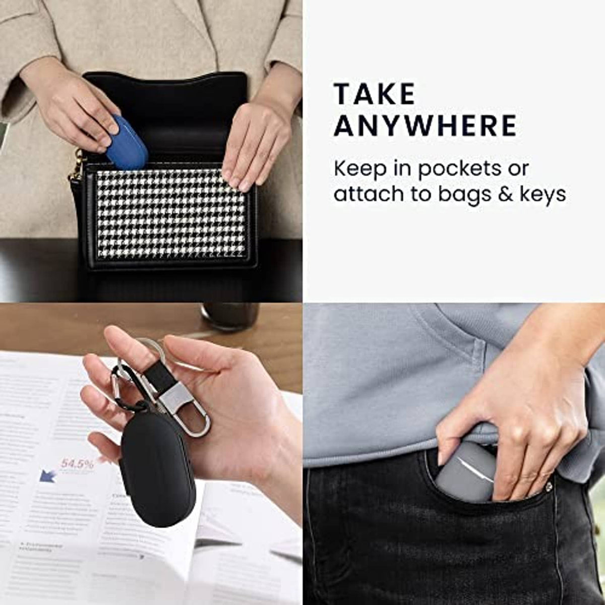 Dark green silicone earbud case attached with a loop for carrying on bags or keys