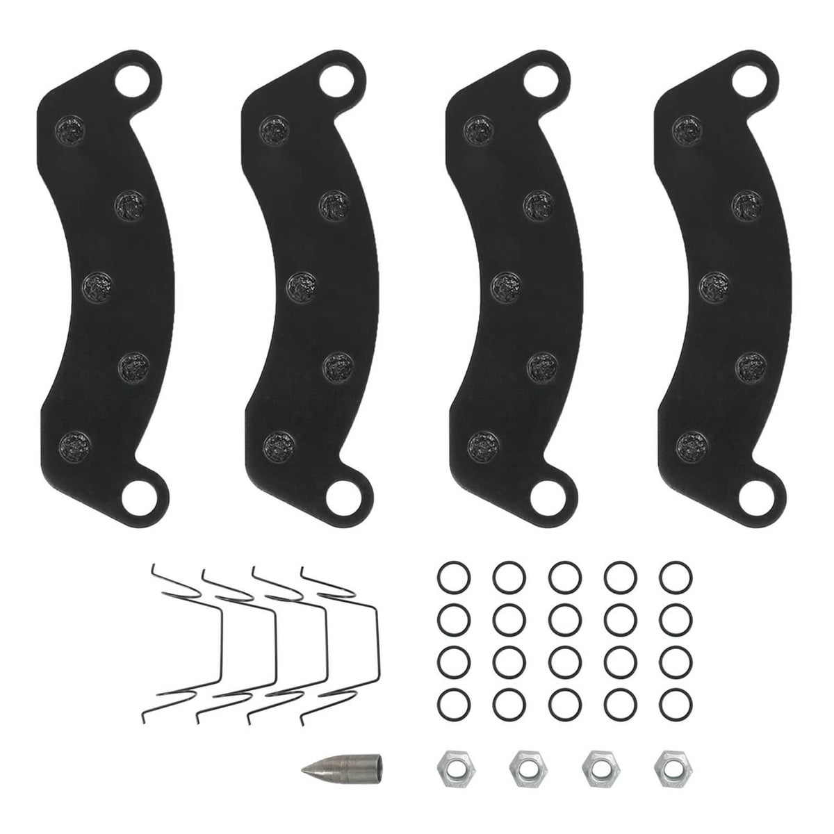 Disc brake pad set with four dark pads, springs, o-rings, and small fasteners