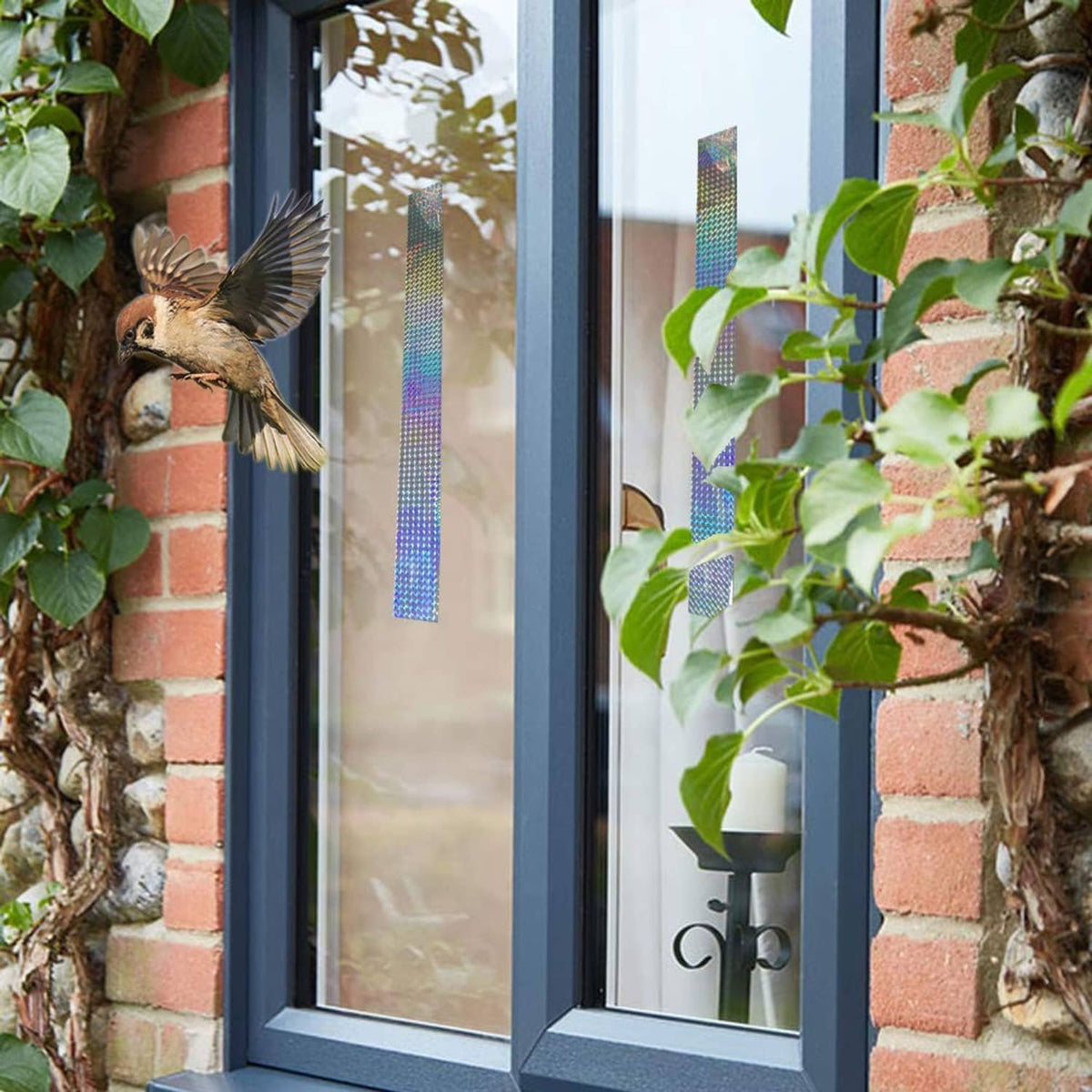 Holographic reflective tape vertical strips on outdoor door entry frame, rainbow sparkle