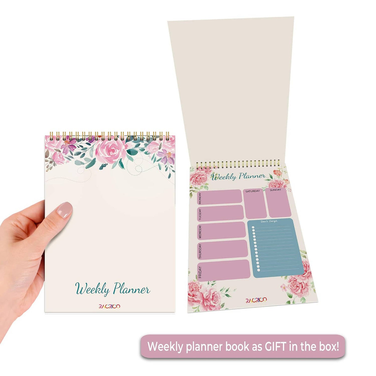 Weekly planner booklet with floral cover and weekly schedule pages
