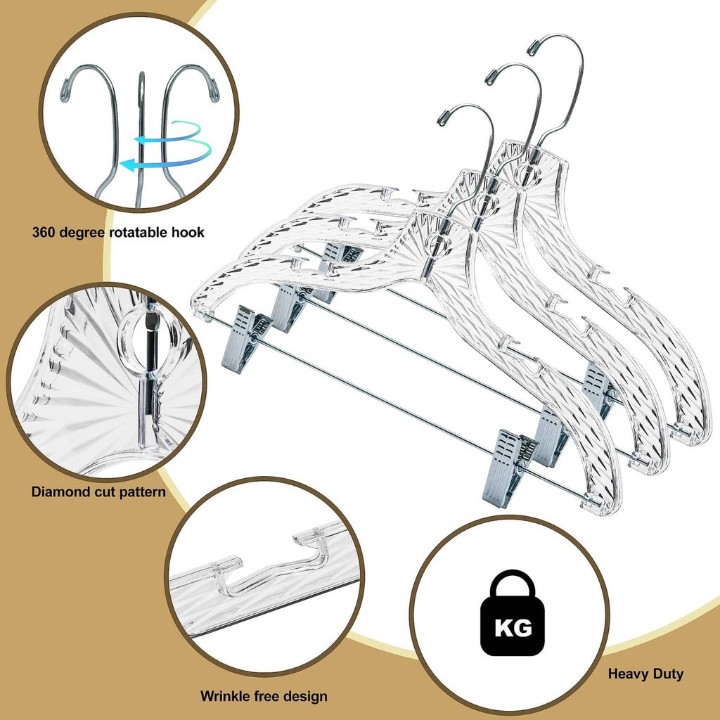 Transparent skirt hanger with curved, 360 degree rotating hook and diamond pattern
