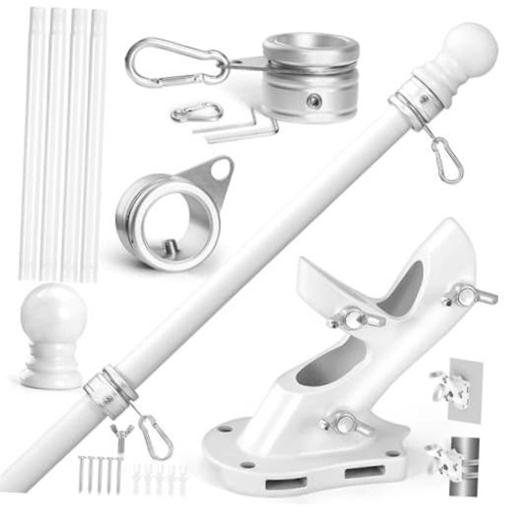 White flag pole kit with stainless hardware, finial ball, adjustable mount and rings