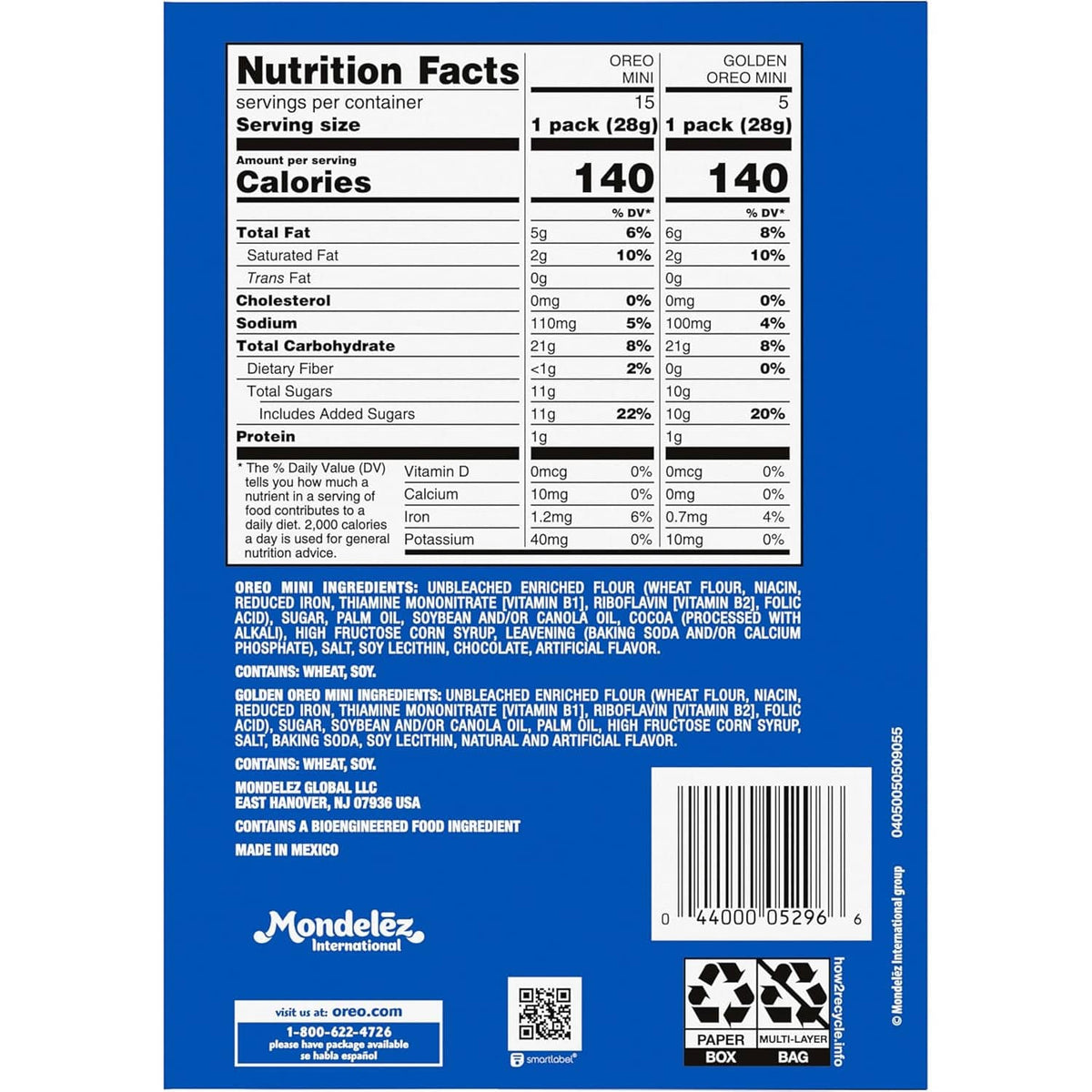 Back panel with Nutrition Facts and barcode on mini Oreo and Golden Oreo snack packs