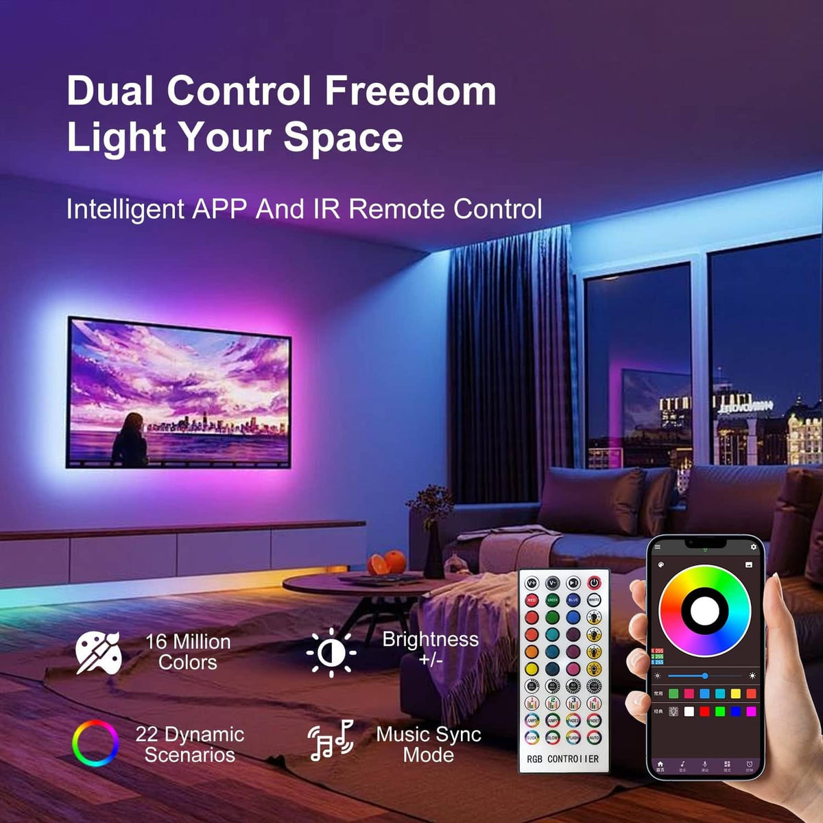 RGB LED strip light kit with app and IR remote, bright multicolor control