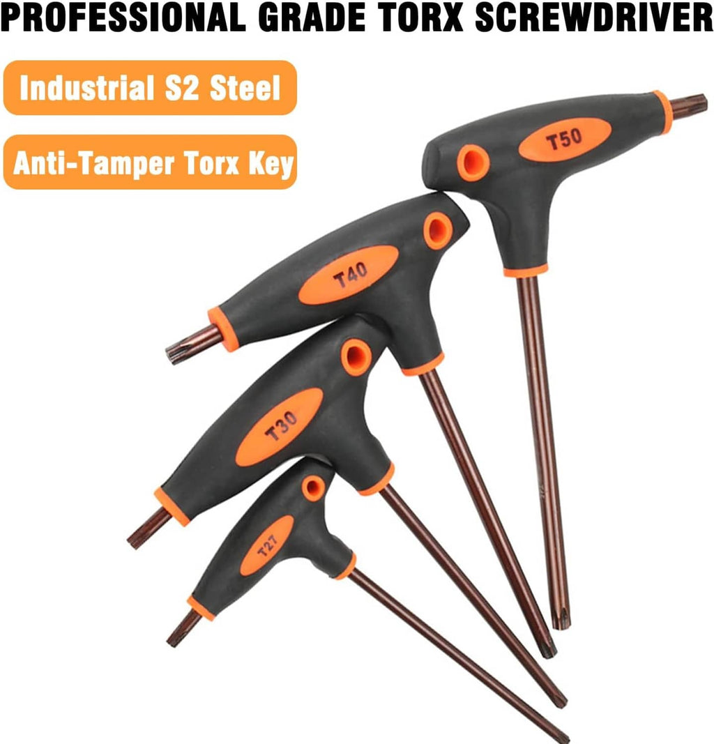 Set of Torx T-handle screwdrivers including T10, black handles with orange labels