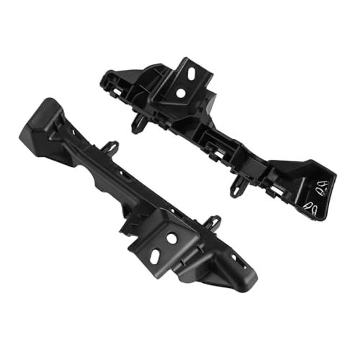 Black plastic front bumper support bracket pair with hooks and mounting holes