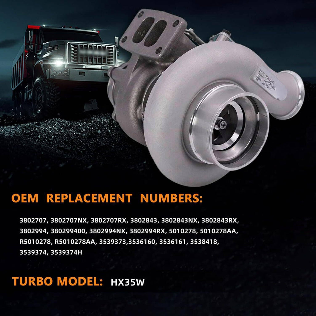 HX35W turbocharger with large silver compressor housing and intake pipe, angled front view.