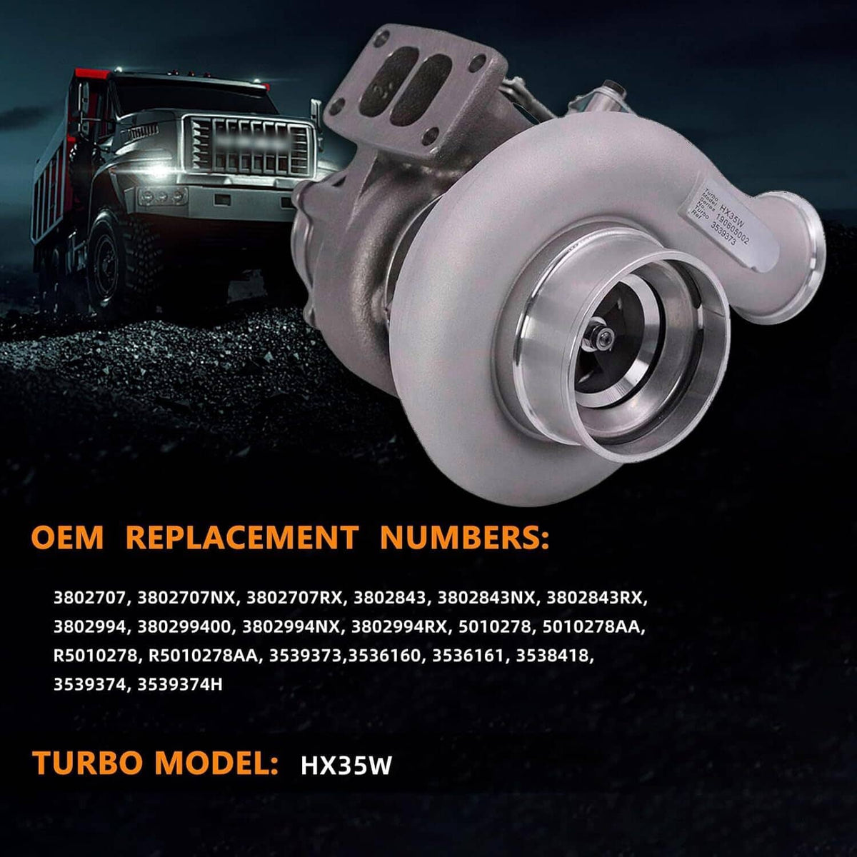 HX35W turbocharger with large silver compressor housing and intake pipe, angled front view.