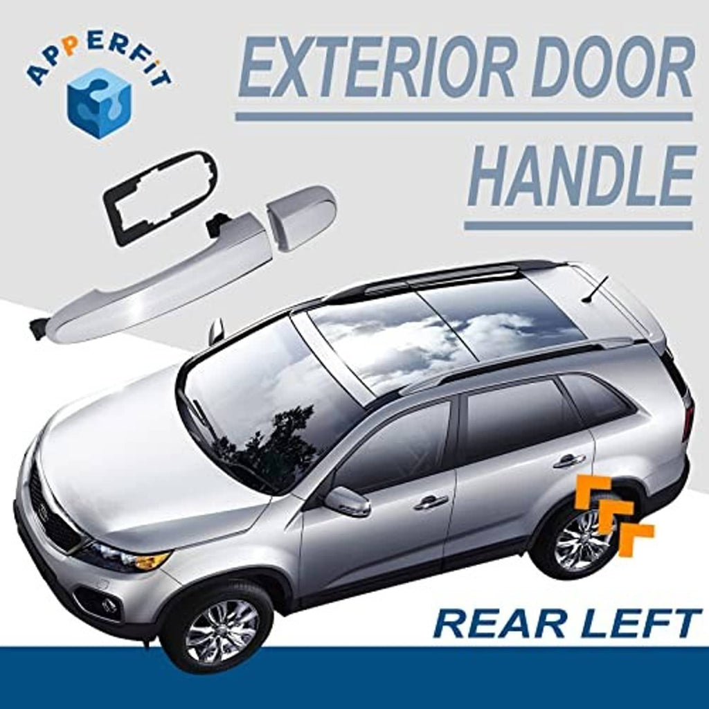 Chrome exterior door handle with gasket pad, shown with rear-left mounting orientation graphic
