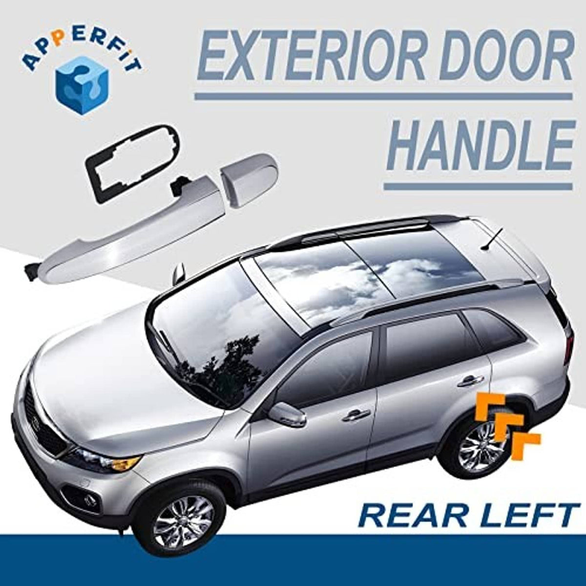 Chrome exterior door handle with gasket pad, shown with rear-left mounting orientation graphic