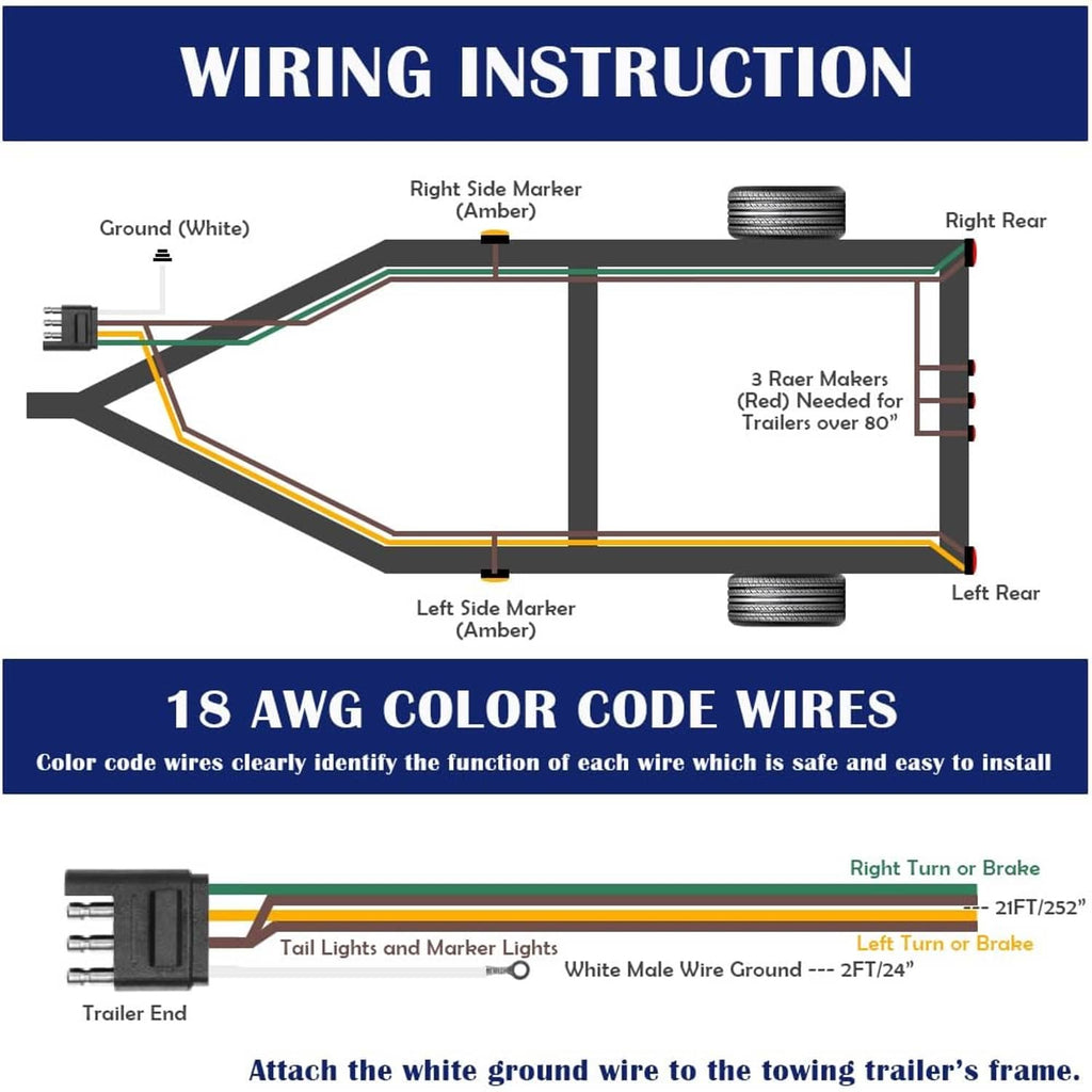 4-way trailer wiring harness with color-coded 18 AWG wires and flat plug connector