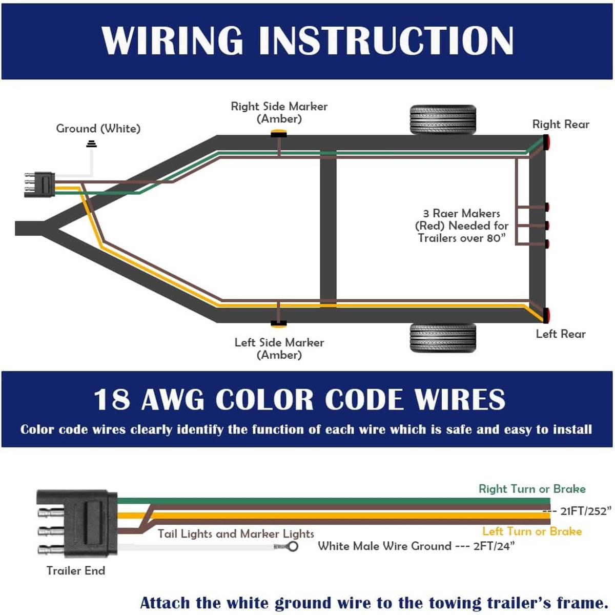 4-way trailer wiring harness with color-coded 18 AWG wires and flat plug connector