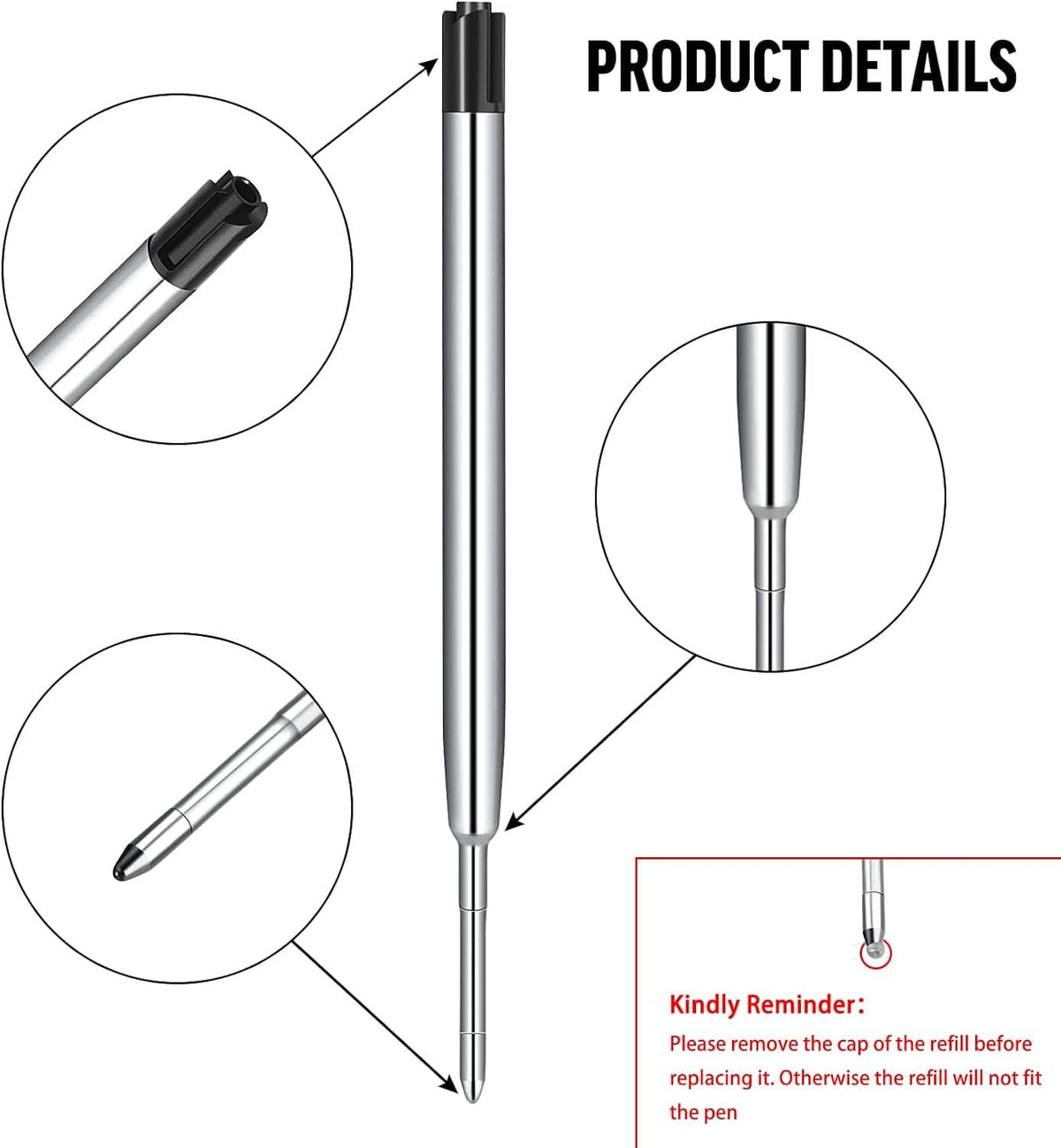 Metal pen refill with black ballpoint tip and protective cap, detail close-up