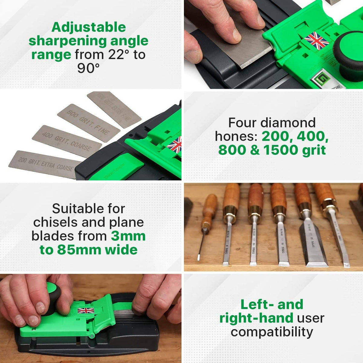 Green chisel sharpener with adjustable angle and four diamond honing stones