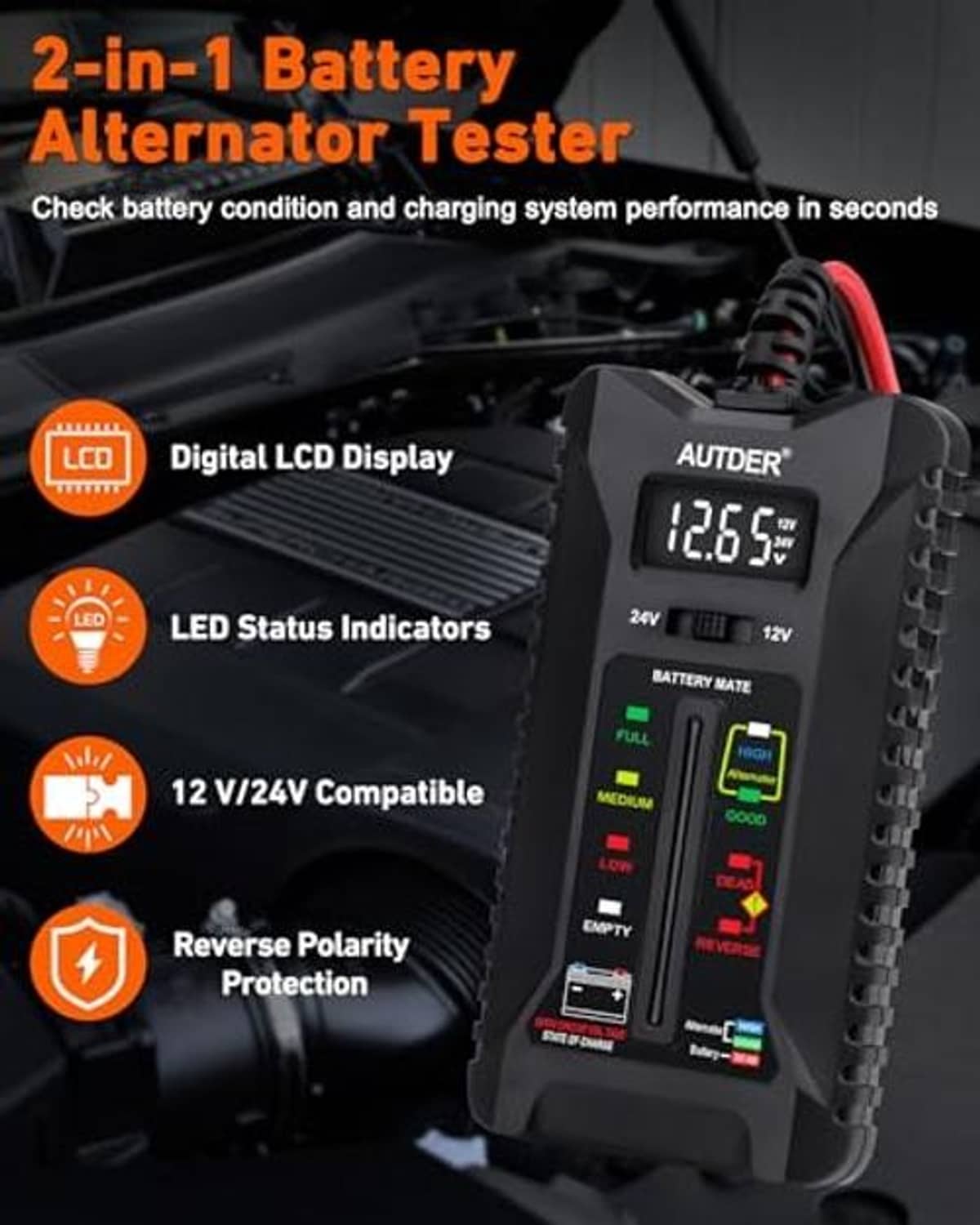 2-in-1 battery and alternator tester with LCD volt display and color LED indicators