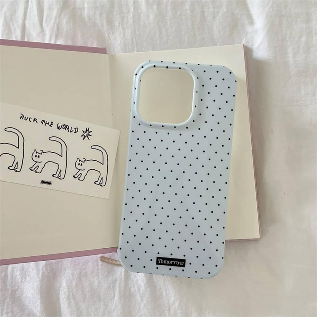 Light blue dotted iPhone 13 Pro case with square top cutout and camera opening