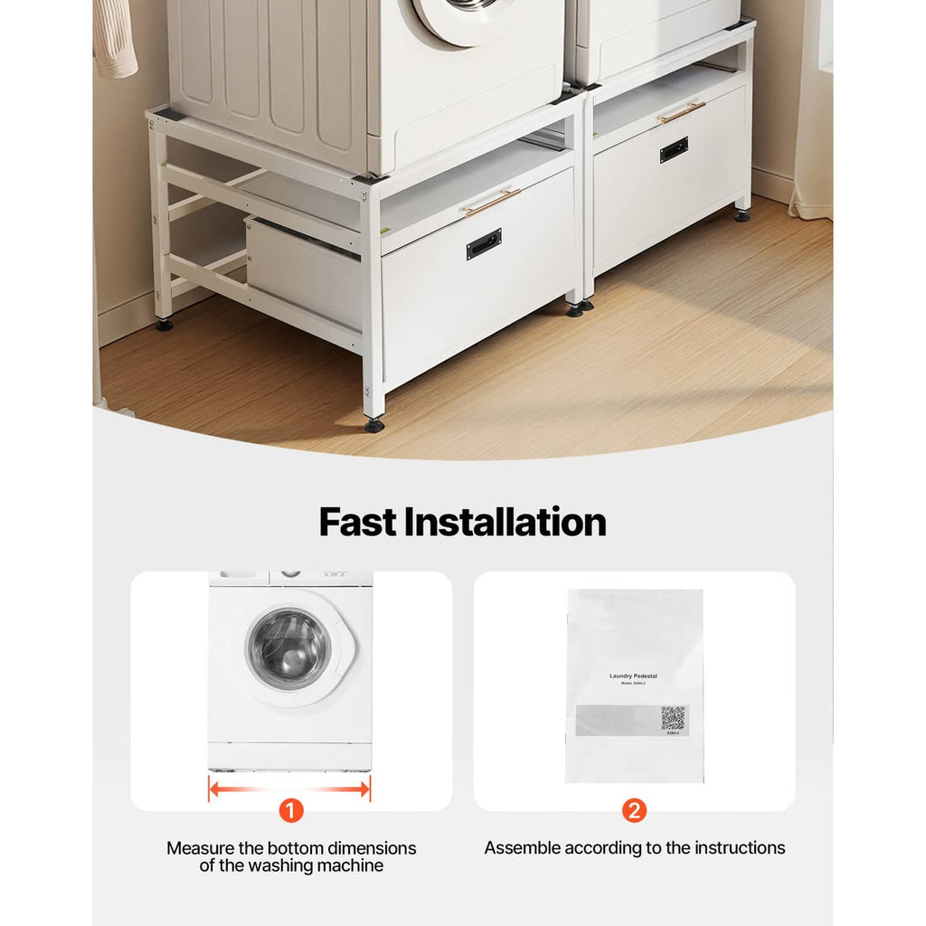 White washer base pedestal with two drawers and raised top tray on adjustable legs